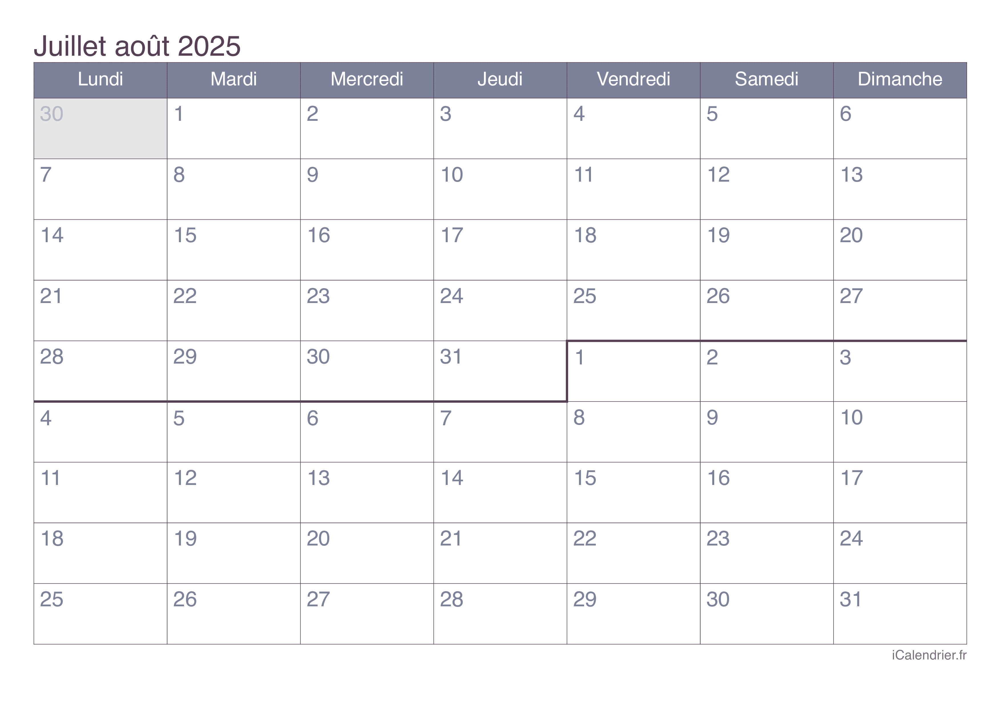 Calendrier juillet et août 2025 à imprimer iCalendrier