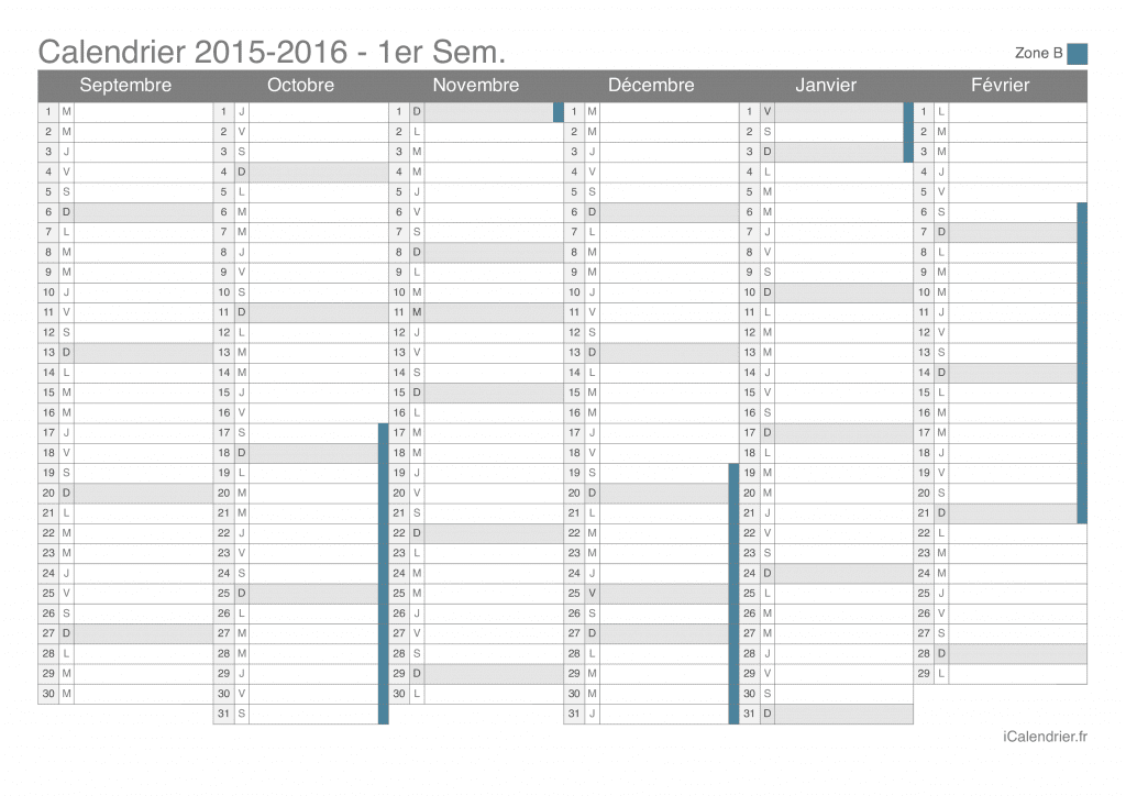 Calendrier des vacances scolaires 2015-2016 par semestre de la zone B
